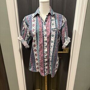 Vintage Paris Sport Club Floral Stripe Button Up Shirt Women’s Medium Cottage